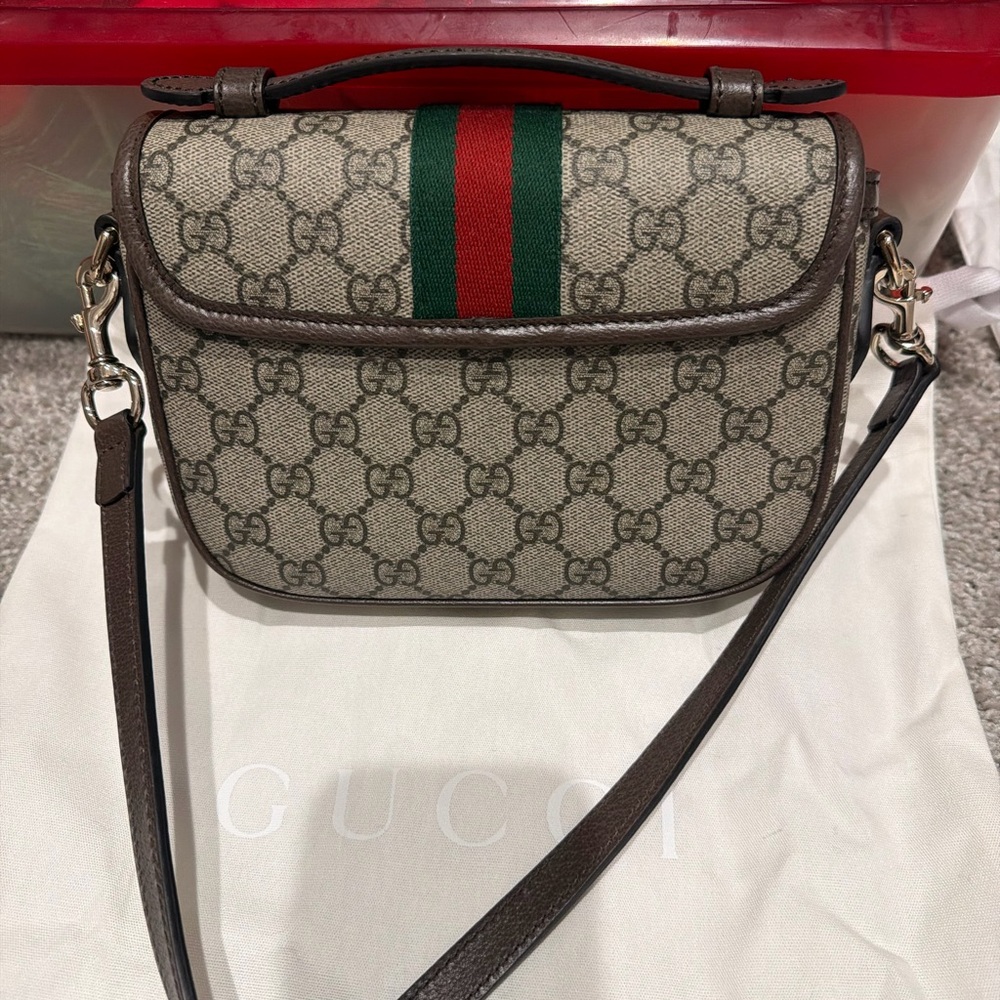 Gucci Beige GG Canvas Shoulder Bag with Green-Red Web and Brown Trim